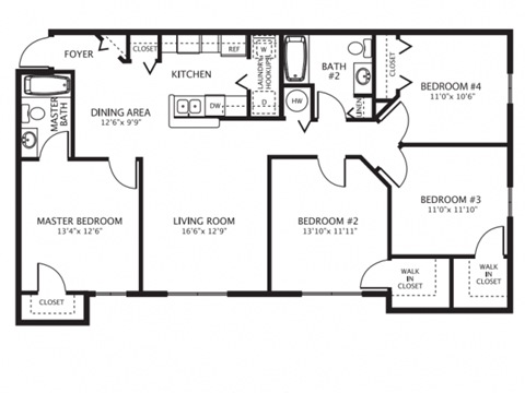 Floor plan for 4 beds, 2 baths, 1329 sqft